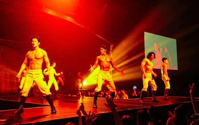 Performers on stage during Wild Wild Show in Korea, with dramatic lighting and audience in foreground.