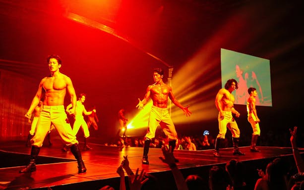 Performers on stage during Wild Wild Show in Korea, with dramatic lighting and audience in foreground.