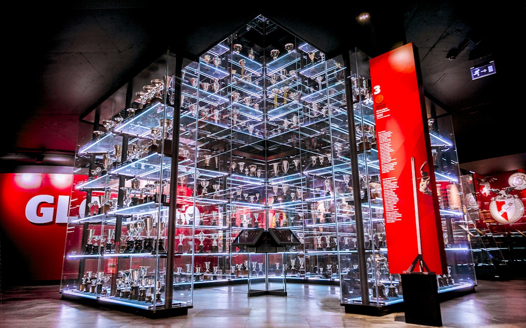Benfica Stadium Museum trophy display with glass shelves and red backdrop.