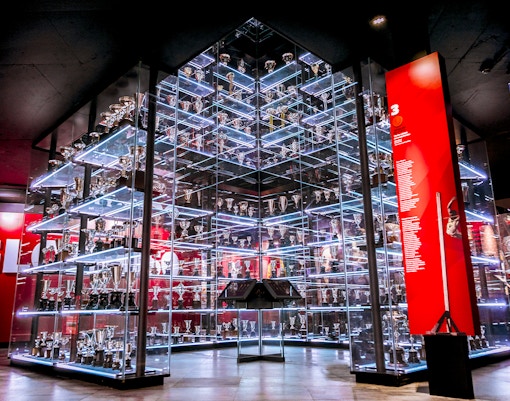 Benfica Stadium Museum display featuring historical football memorabilia in Lisbon, Portugal.