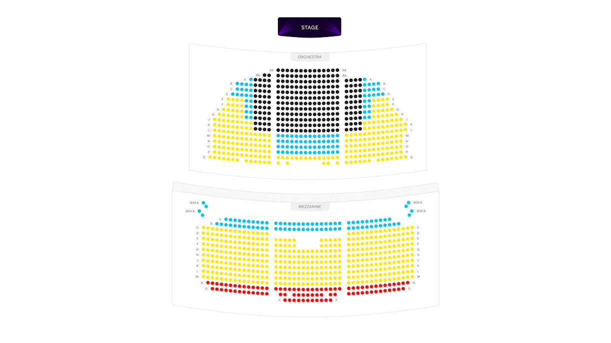 Seating chart for theater with orchestra and mezzanine sections.