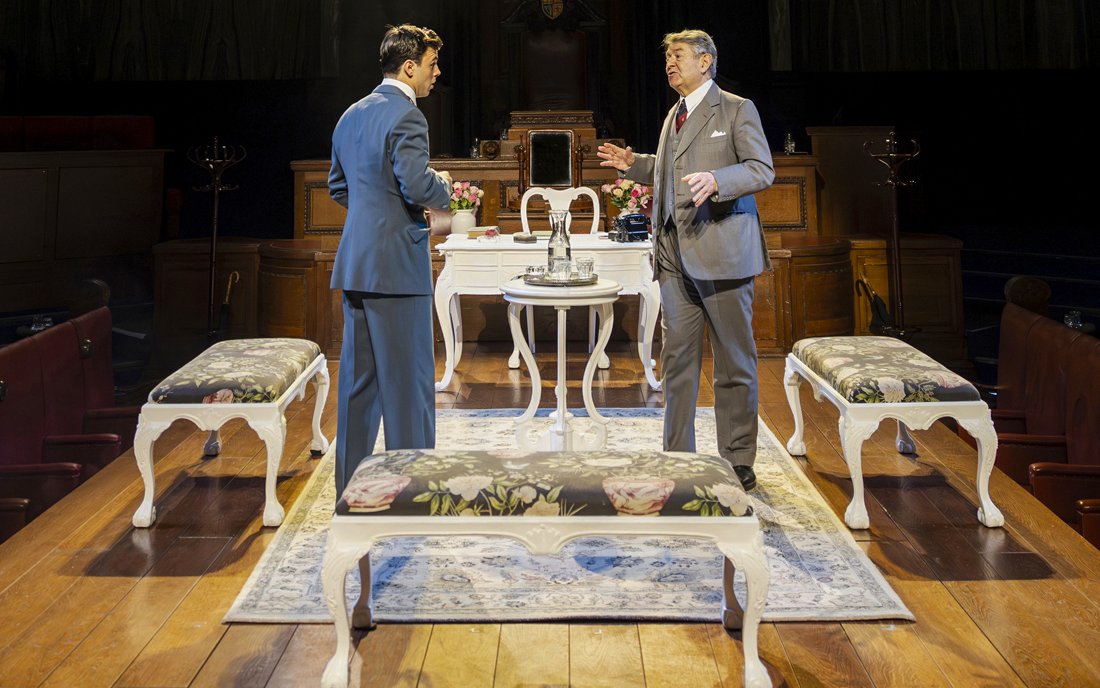 Stage scene from "Witness for the Prosecution" in West End courtroom setting.