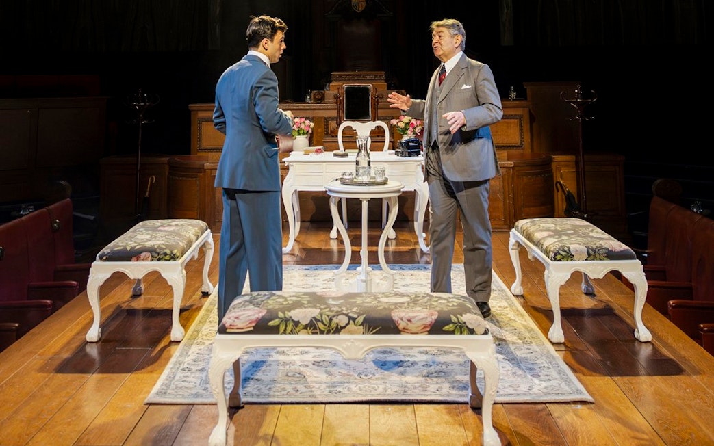 Stage scene from "Witness for the Prosecution" in West End courtroom setting.