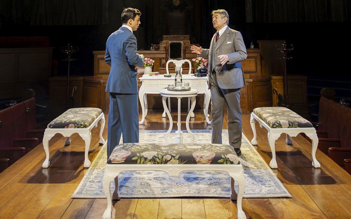 Stage scene from "Witness for the Prosecution" in West End courtroom setting.