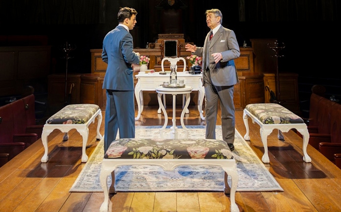 Stage scene from "Witness for the Prosecution" in West End courtroom setting.