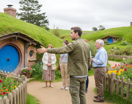 Guide explaining Hobbiton Movie Set to tour group in New Zealand.