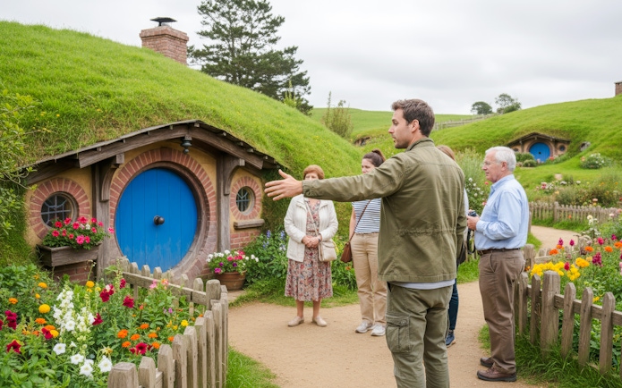 Guide explaining Hobbiton Movie Set to tour group in New Zealand.
