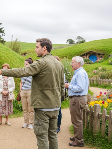 Guide explaining Hobbiton Movie Set to tour group in New Zealand.