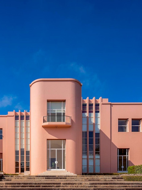 Serralves Museum pink Art Deco building facade in Porto, Portugal.