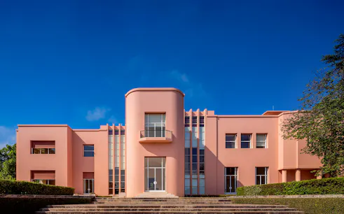 Serralves Museum pink Art Deco building facade in Porto, Portugal.