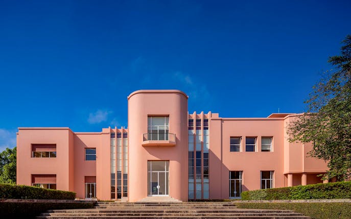Serralves Museum pink Art Deco building facade in Porto, Portugal.