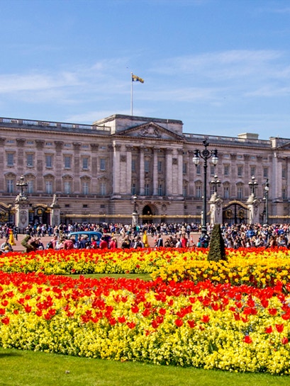 Buckingham Palace with colorful flower gardens and visitors in London.
