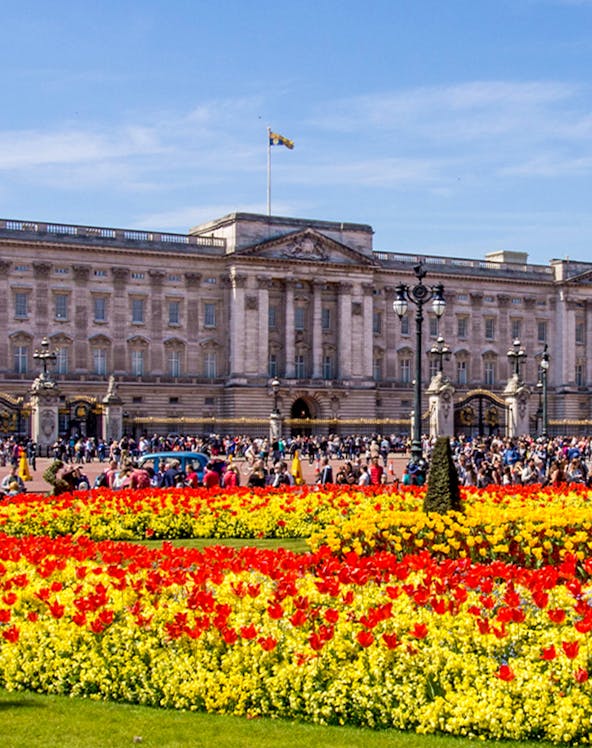 Buckingham Palace with colorful flower gardens and visitors in London.