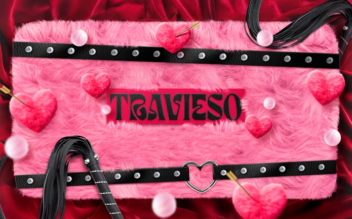 Travieso logo on pink fur with heart decorations, Lío Ibiza Sundays theme