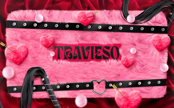 Travieso logo on pink fur with heart decorations, Lío Ibiza Sundays theme
