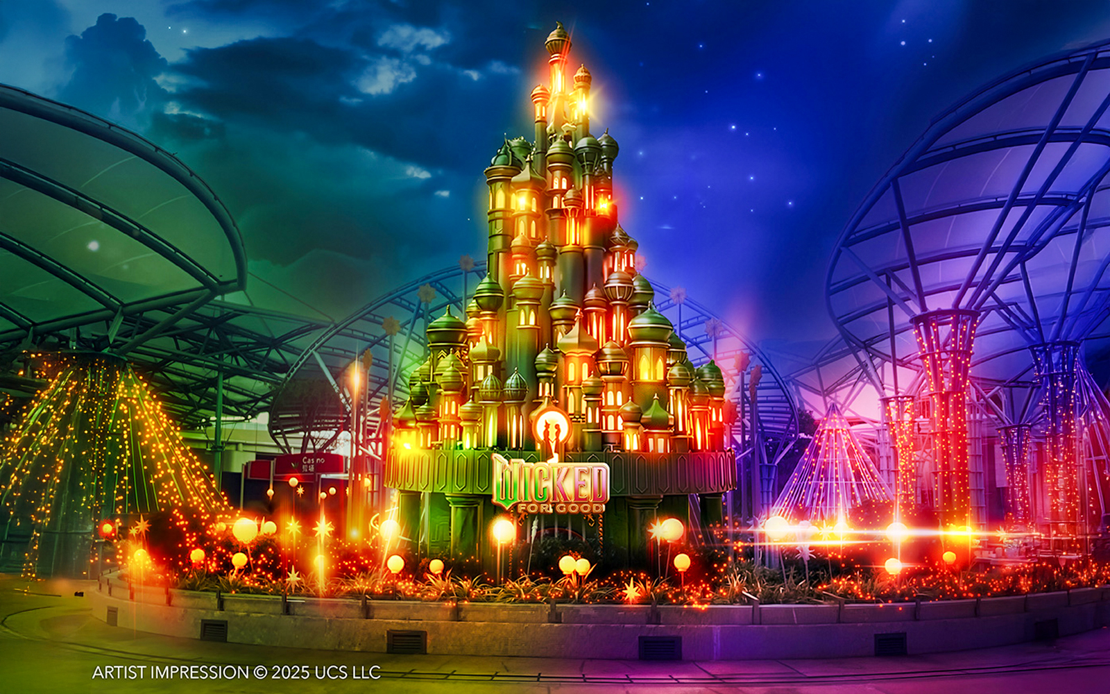 Wicked for Good attraction at Universal Studios Singapore, featuring a vibrant, illuminated castle.