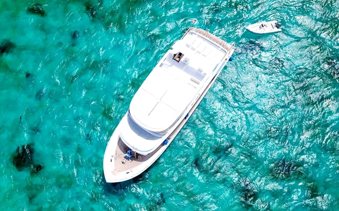 Aerial view of a cruise ship in the Red Sea near Giftun Island, Hurghada.