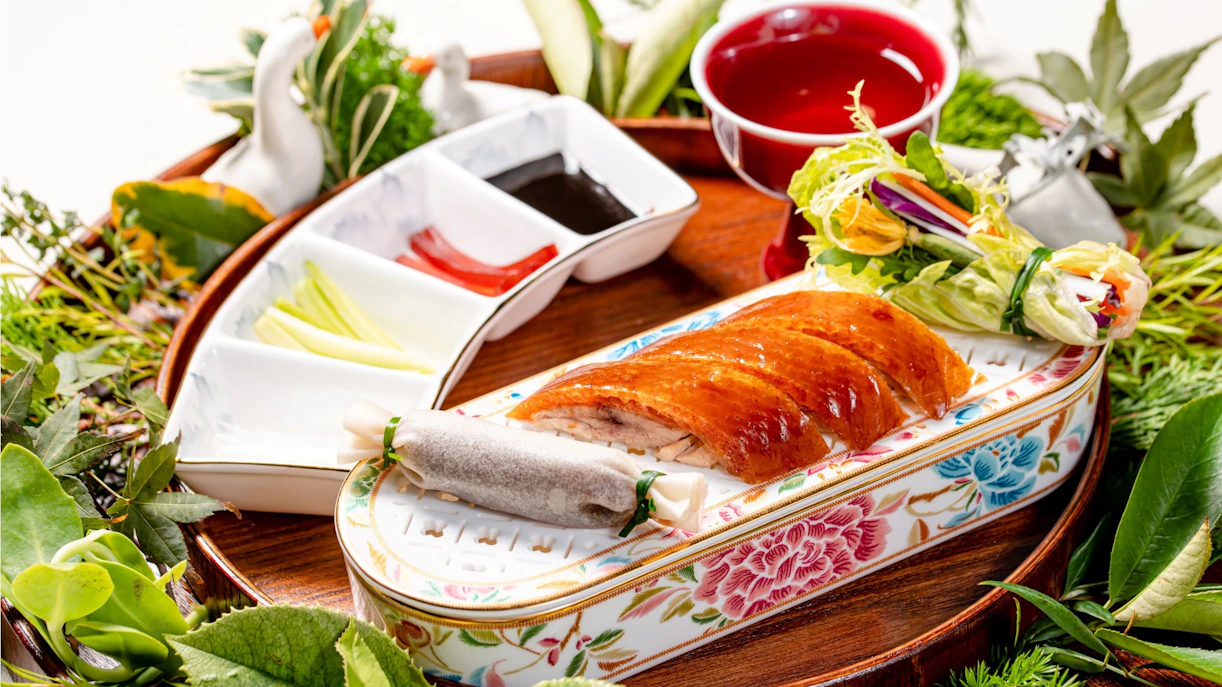 Traditional Peking Duck with condiments at "Taste of China" restaurant, Shanghai.