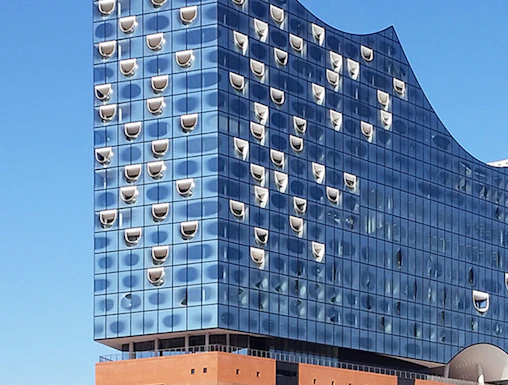 Elbphilharmonie concert hall in Hamburg with its distinctive glass facade.