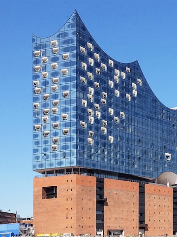 Elbphilharmonie concert hall in Hamburg with its distinctive glass facade.