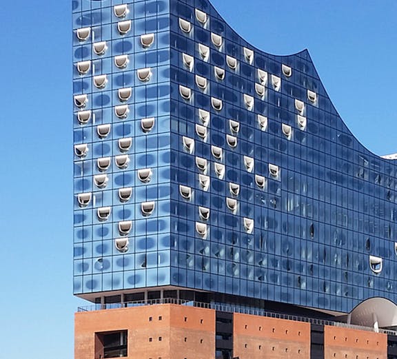 Elbphilharmonie concert hall in Hamburg with its distinctive glass facade.
