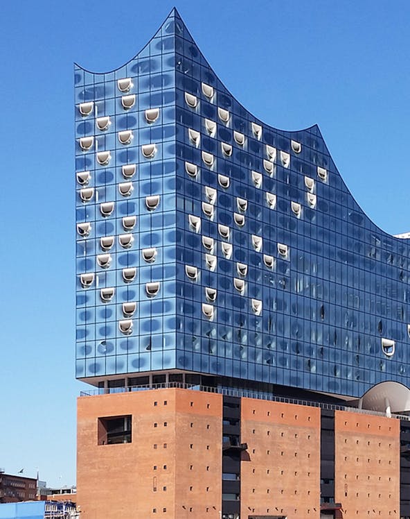 Elbphilharmonie concert hall in Hamburg with its distinctive glass facade.
