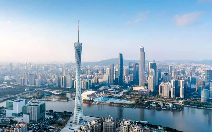 Canton Tower above Zhujiang New Town skyline in Guangzhou, China.