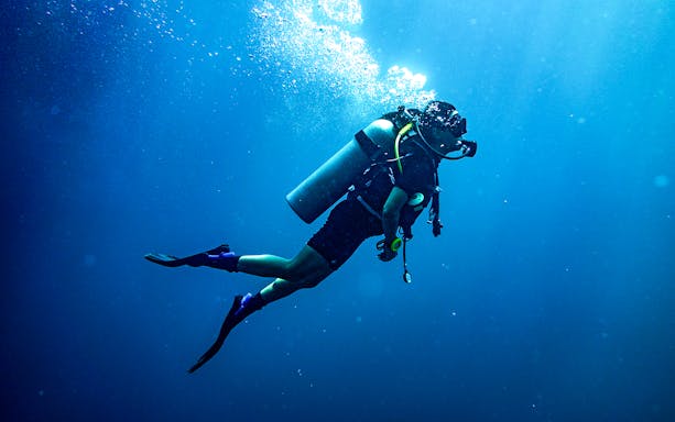 Scuba diver exploring coral reef in clear waters, Great Barrier Reef, Australia.