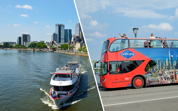 Frankfurt skyline with river cruise boat and hop-on hop-off bus tour.