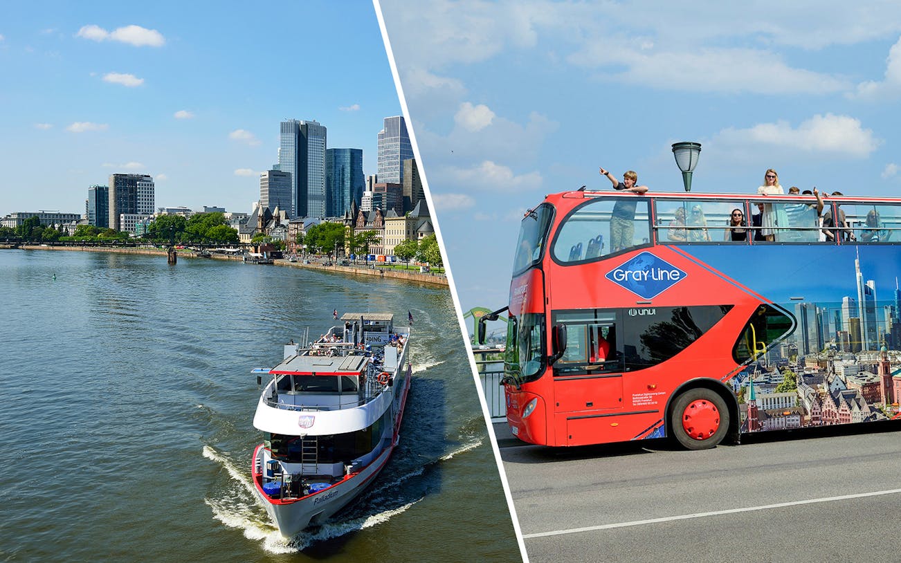 Frankfurt skyline with river cruise boat and hop-on hop-off bus tour.