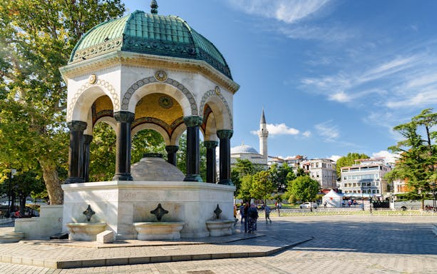 Ottoman-style gazebo in Istanbul park near shuttle bus transfer area.