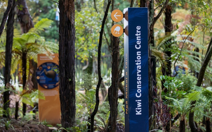 Kiwi Conservation Centre sign surrounded by lush forest at Te Puia, New Zealand.