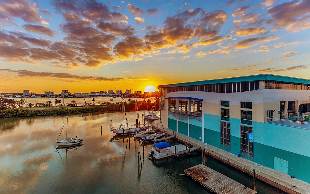 Clearwater Beach marina at sunset near Winter the Dolphin Experience.