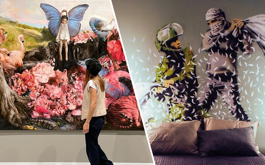 Moco Museum visitor viewing vibrant artwork; Banksy mural with figures and feathers.