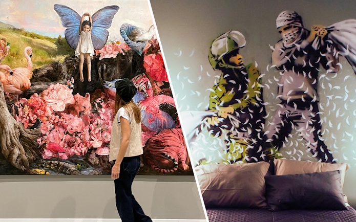Moco Museum visitor viewing vibrant artwork; Banksy mural with figures and feathers.