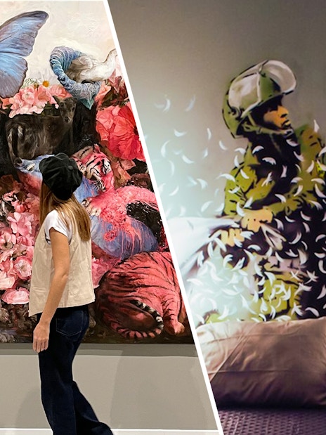 Moco Museum visitor viewing vibrant artwork; Banksy mural with figures and feathers.