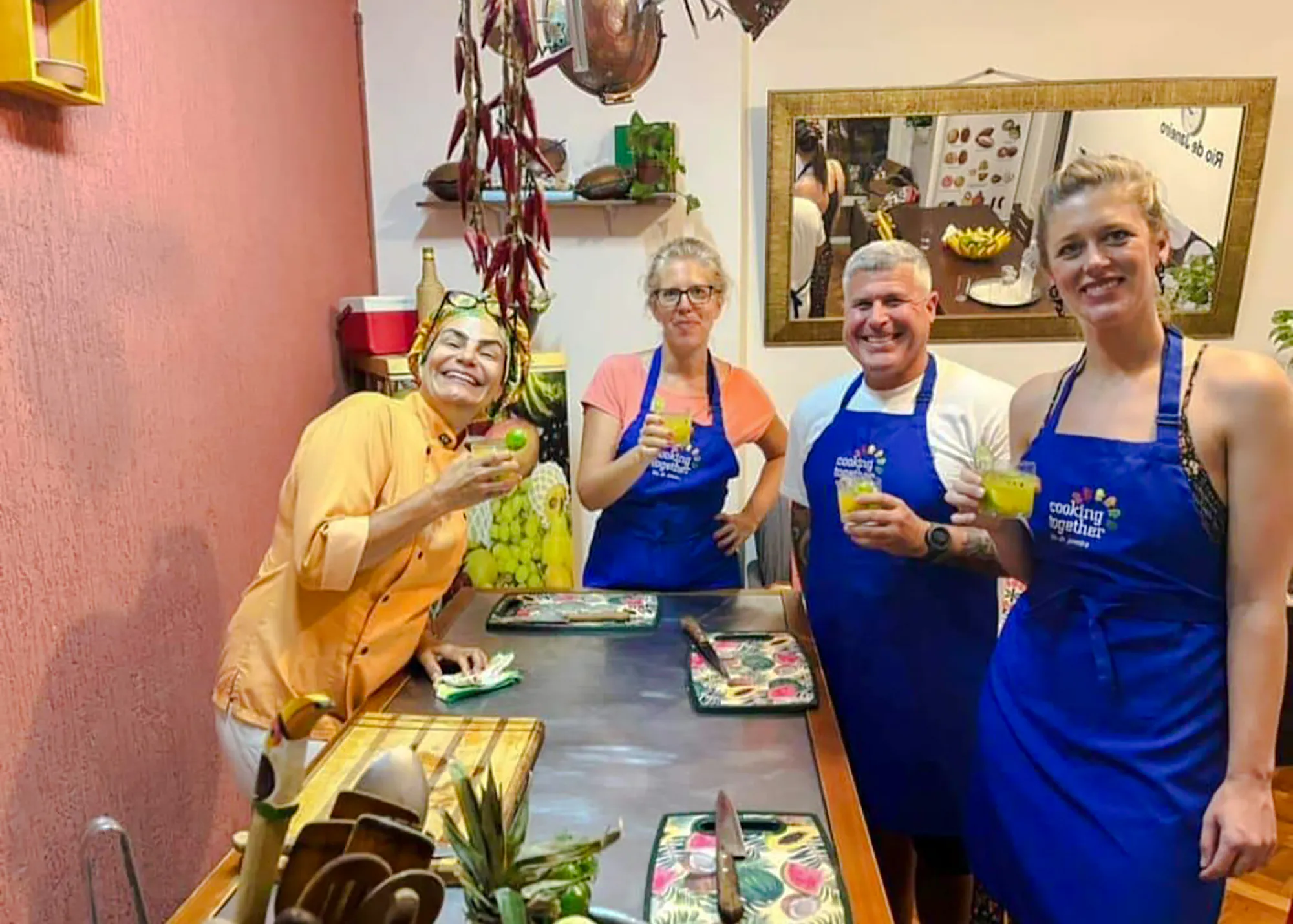 Participants enjoying a Brazilian cooking class in Copacabana, Rio de Janeiro.