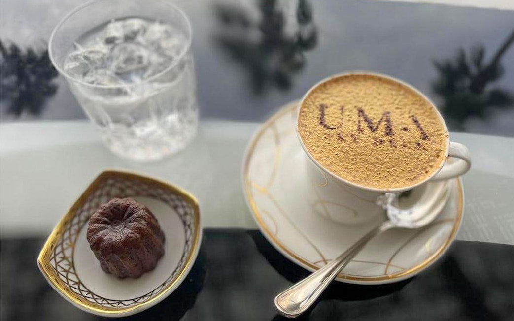 Gold cappuccino with "UMA" on top at UMA Lounge, Burj Al Arab, Dubai.
