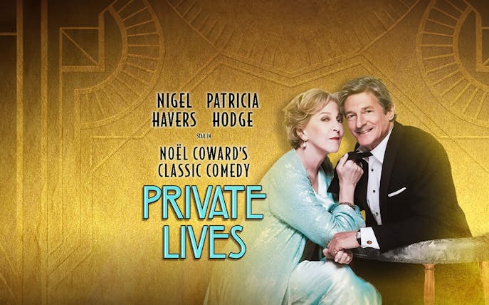 Noël Coward's "Private Lives" comedy poster with two actors in elegant attire.