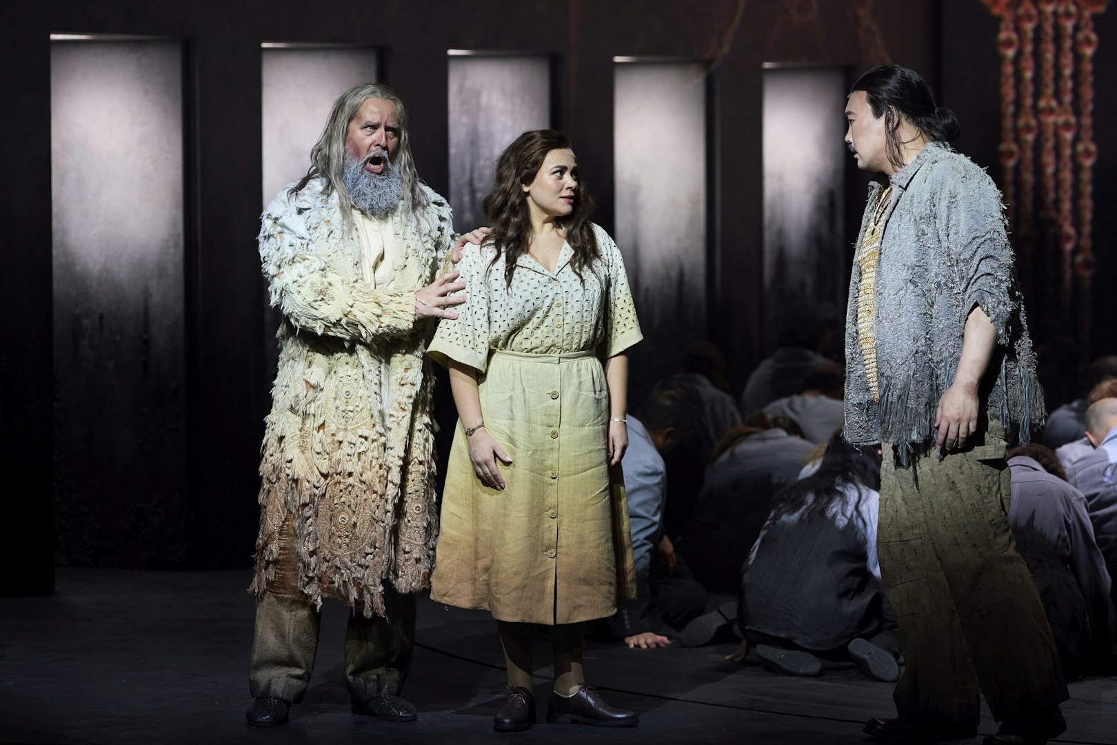 Stage scene from Turandot performance in Sydney with three actors in dramatic costumes.