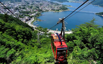 Kawaguchiko Ropeway overlooking Lake Kawaguchi with town view.