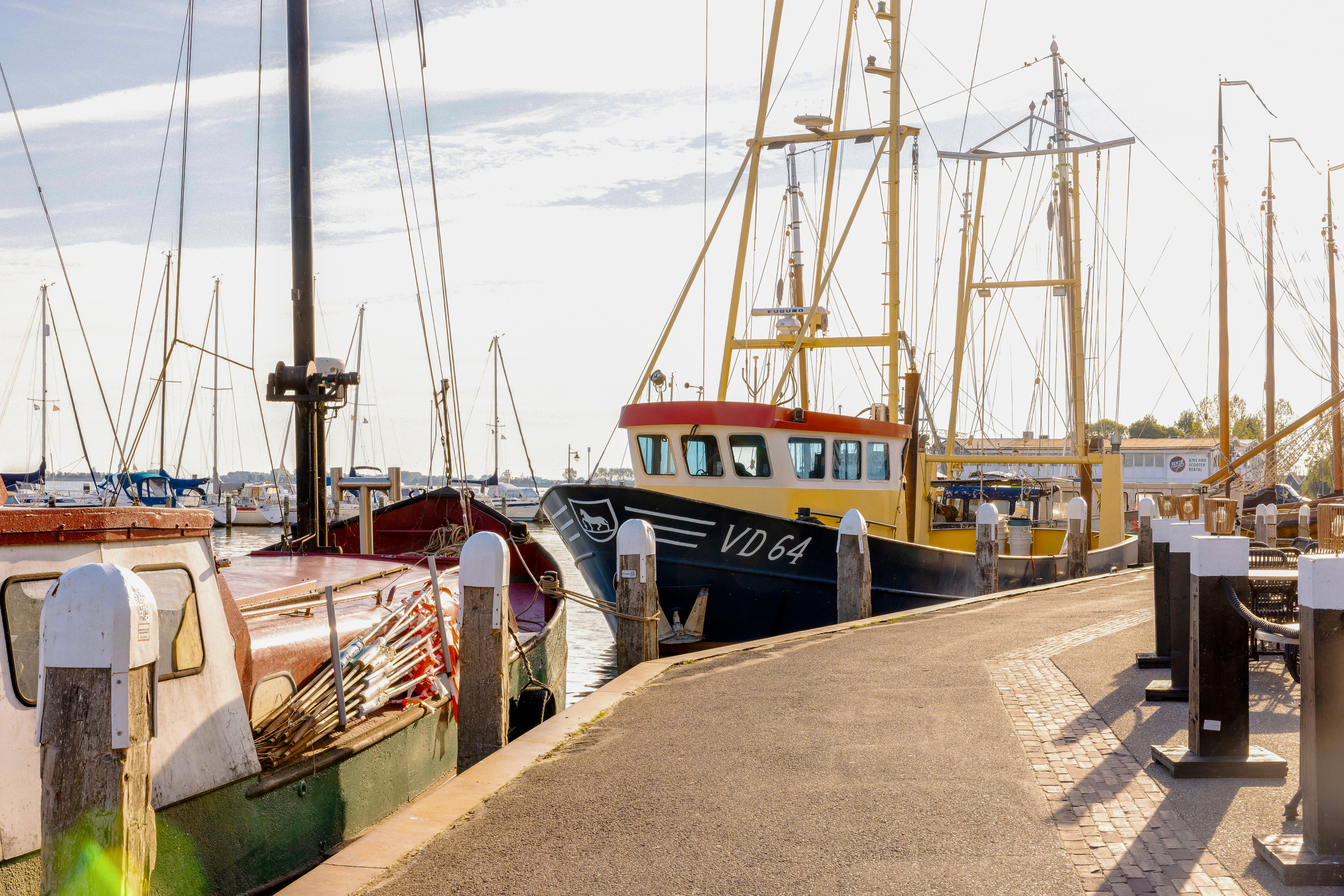 Fishing boats docked at Volendam harbor, Netherlands.