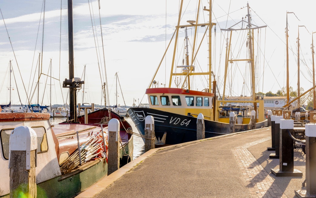 Fishing boats docked at Volendam harbor, Netherlands.