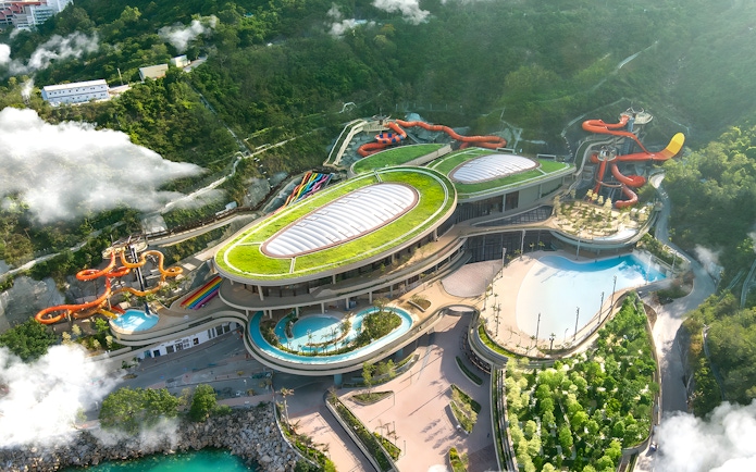Aerial view of Water World Ocean Park Hong Kong with water slides and pools.