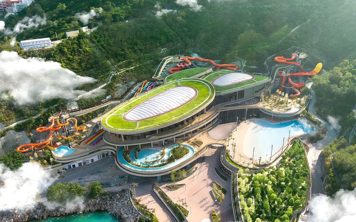 Aerial view of Water World Ocean Park Hong Kong with water slides and pools.