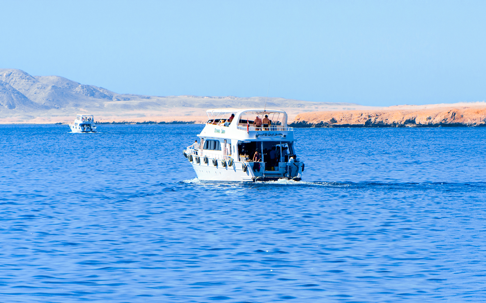 Cruise boat sailing at Ras Mohamed National Park, Egypt.