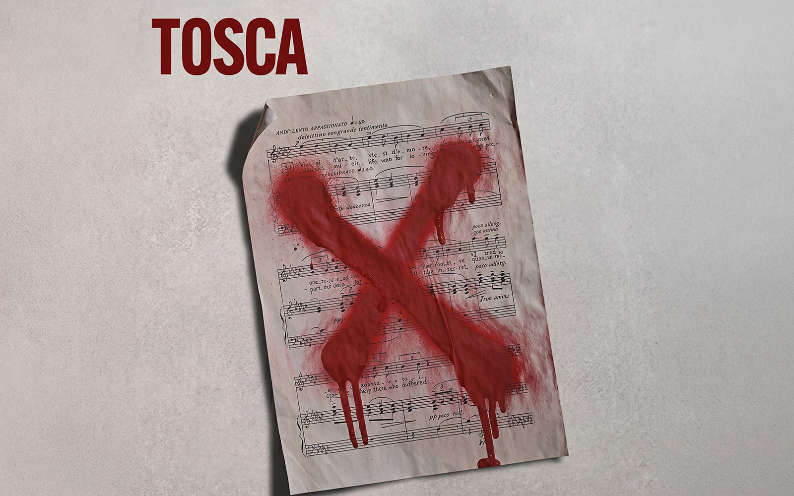 Sheet music with a red X, promoting Tosca at Westend.