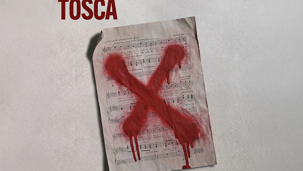 Sheet music with a red X, promoting Tosca at Westend.