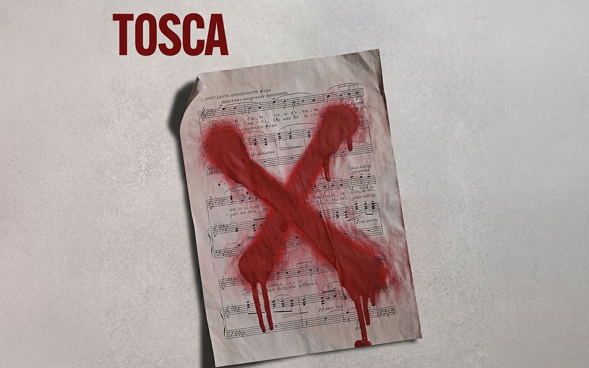 Sheet music with a red X, promoting Tosca at Westend.