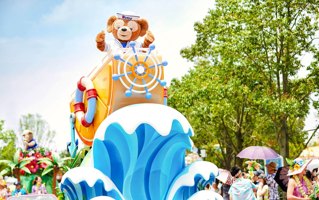 Duffy bear on a parade float with nautical theme at Shanghai Disneyland.